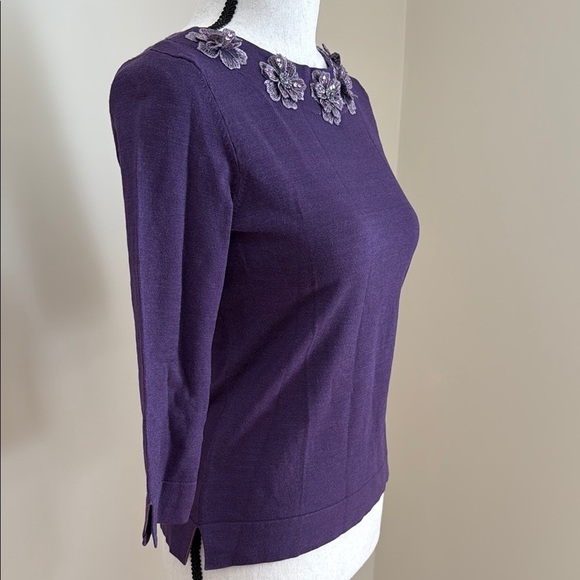 Judith Hart Petites Purple Floral Embroidered Neckline Silk Blend Sweater Top P - Picture 4 of 7